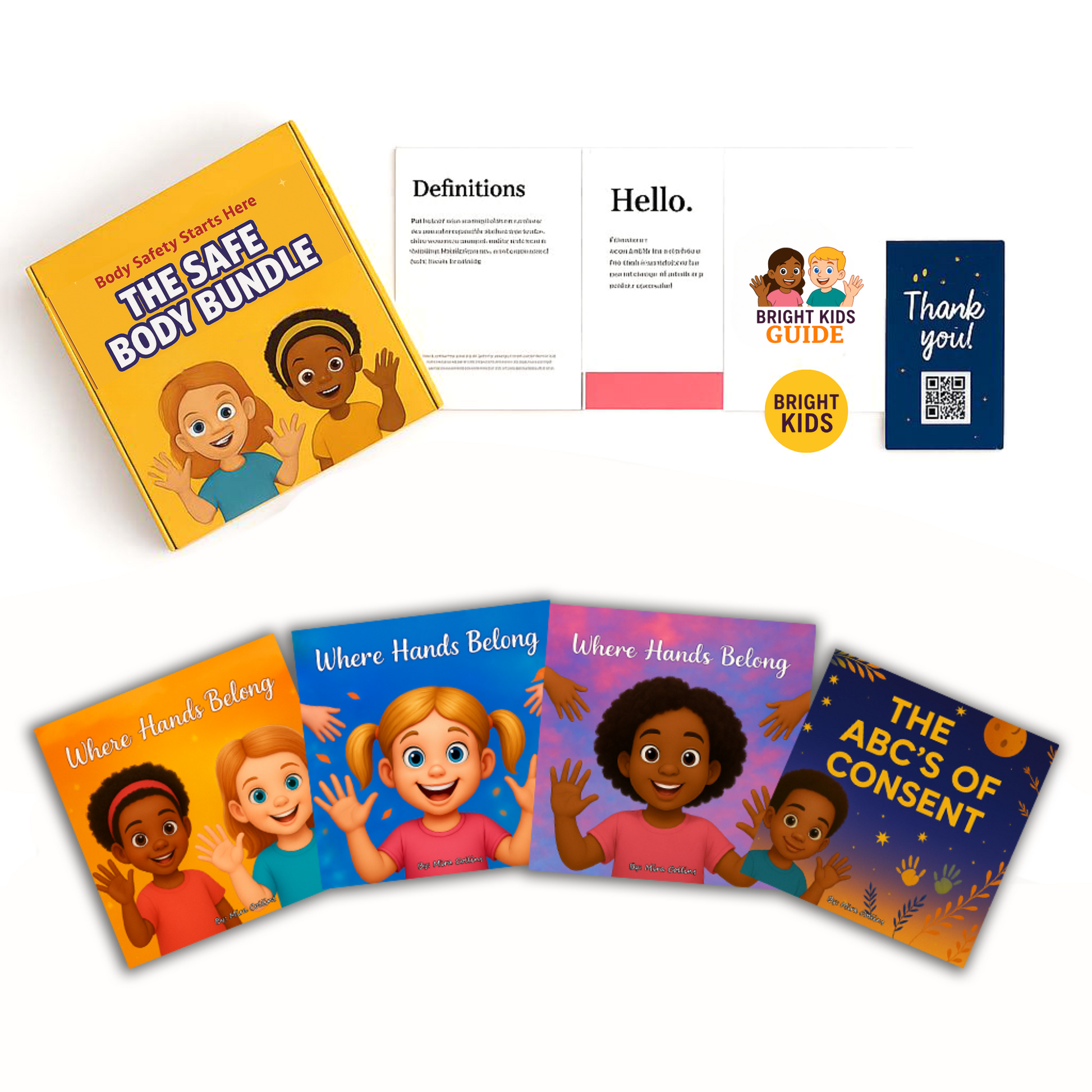 Collection of children's books on body safety and consent with colorful covers and text.