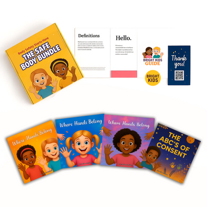 Collection of children's books on body safety and consent with colorful covers and text.